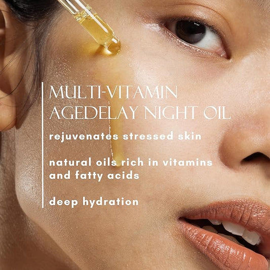AgeDelay Multi-Vitamin Night Facial Oil - Intensive Skin Tightening Oil & Moisturizer - Nourishes Protects & Rejuvenates - Antioxidant Serum w/Vitamin E, Omega 3,6,9 & Seaweed - 30ml