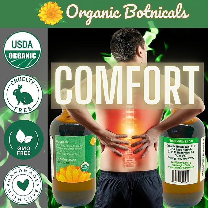 Pure Comfrey Leaf Infused Oil - Skin Care for Joints, Back, Muscles, Fractures, Bruises, and Minor Wounds, Natural Herbal Body Massage Oil, Certified Organic (2 oz)