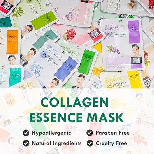 DERMAL 16 Combo Pack B Collagen Essence Korean Face Mask - Hydrating & Soothing Facial Mask with Panthenol - Hypoallergenic Self Care Sheet Mask for All Skin Types - Natural Home Spa Treatment Masks