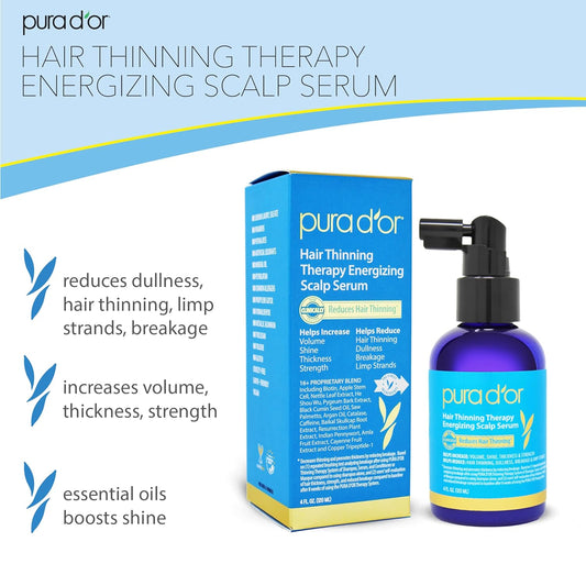 PURA D'OR Hair Thinning Therapy Energizing Scalp Serum 4oz w/Copper Tripeptide, Biotin, Caffeine, Plant Stem Cell, Catalase & DHT Balance, Rosemary Green Tea Leaf Extract, All Hair Types, Men Women