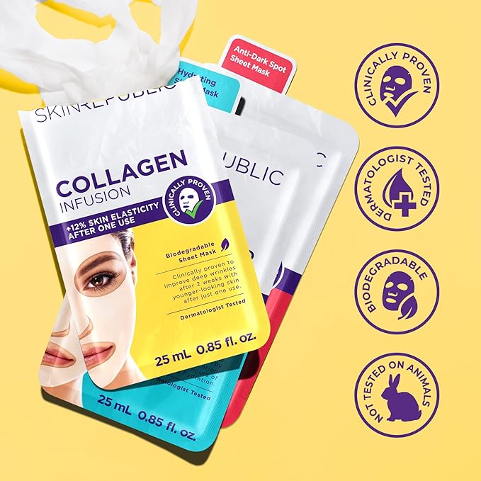 Skin Republic Collagen Infusion Sheet Mask. Clinically Proven to Reduce Deep Wrinkles After 2 Weeks. Made in Korea. 3 Pack.
