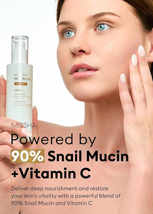 MISSHA Cell Renew Snail Mucin Vitamin C Essence Serum 3.38 Fl oz - Hydrating Korean Skincare for Glass Skin, Snail Mucin Serum for Improved Skin Texture & Complexion, Mother's Day gifts