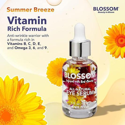 Blossom All Natural Eye Serum with Essential Oils, Organic Cruelty Free Moisturizing, Infused with Real Flowers, Made in USA, 0.5 fl. oz., Summer Breeze