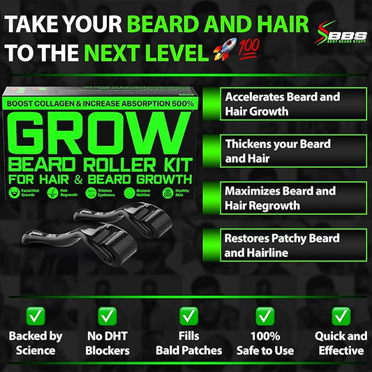 GROW Beard Roller Beard Growth Kit - Best Beard Kit Set of 2 Hair Follicle Stimulator Rollers - The Ultimate Beard Roller for Hair Growth Men of All Skin Types Can Use as a Follicle Booster by BBS USA