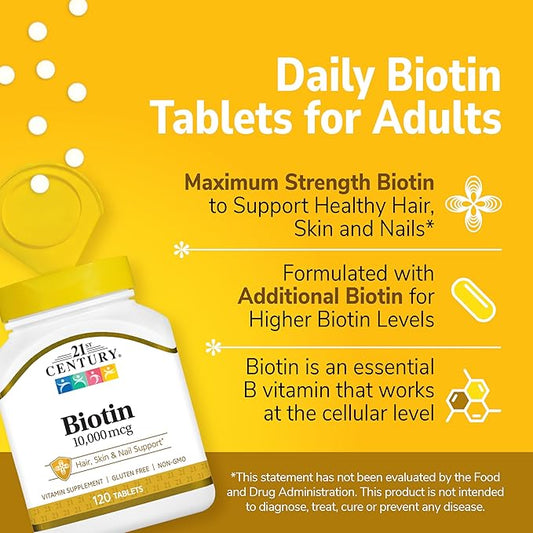 21st Century Biotin Tablets, 10,000 mcg, Unflavored 120 Count