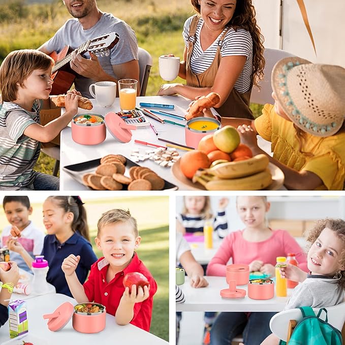 12oz Kids Soup Thermo for Hot Food Insulated Vacuum Food Jar with Buckle Lid, Stainless Steel Wide Mouth Leak Proof Lunch Container for School Travel-Pink