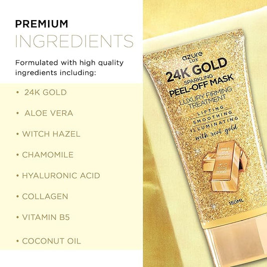 AZURE 24K Gold Firming Peel Off Face Mask- Anti Aging, Lifting, Illuminating & Revitalizing - Removes Blackheads, Dirt & Oils - With Hyaluronic Acid and Collagen - Skin Care - 150mL - 2 Pack