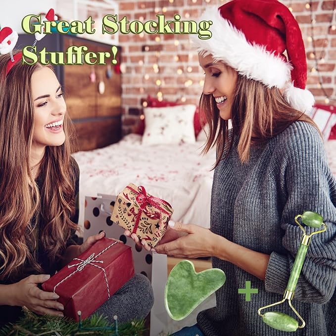 Guasha Tool for Face & Jade Roller for Face,Gua Sha Facial Tools for Reduce Puffiness and Improve Wrinkles,Green Jade Roller and Gua Sha Set Self Care Gifts for Women