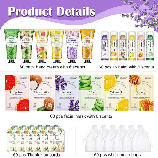 60 Pack Bulk Lip Balm, Facial Mask and Hand Cream Sets, Bridal Shower Favors, Thank You Gifts and Bridesmaid Gifts for Guests, Birthday Gifts, Adult Party Favors and Small Gifts for Women