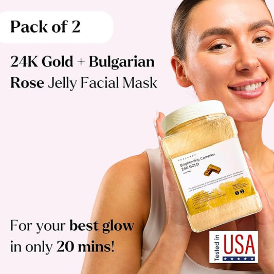 Jelly Face Mask for Facials - 24K Gold + Bulgarian Rose (Pack of 2) - Hydrating Glowing & Nourishing - Free Jade Roller & Spatula - Professional Hydrojelly Masks - Perfect for Vajacial - 46 Oz Jar
