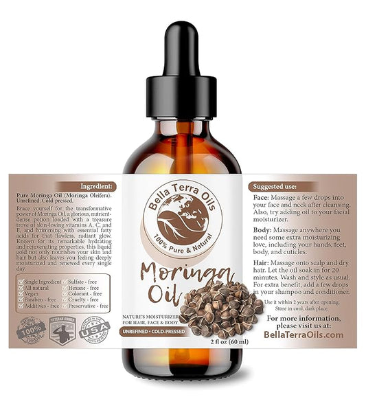 Bella Terra Oils - Organic Moringa Seed Oil 2oz - A Blend of Nature's Best, High in Oleic Acid & Vitamin E, For a Touch of Luxurious Smoothness