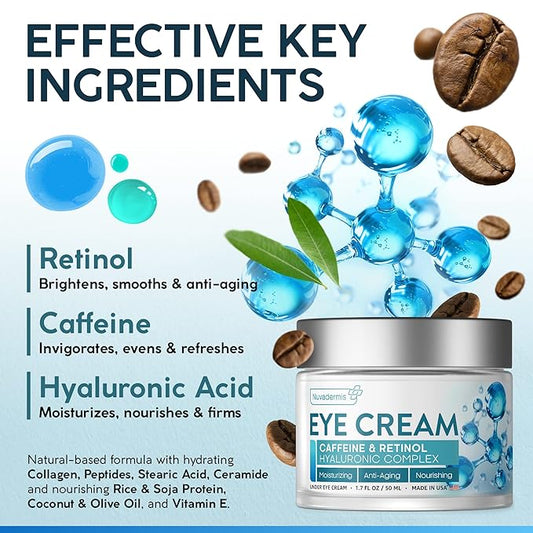 NUVADERMIS Caffeine Eye Cream with Retinol & Hyaluronic Complex – Anti-Aging Treatment – 1.7 oz – Made in the USA