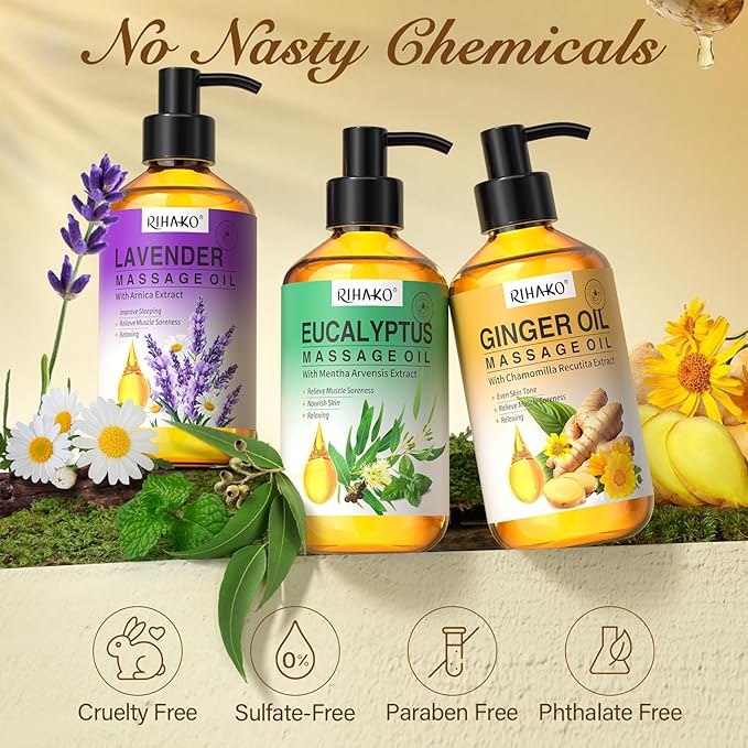 Mother's Day Gifts for Women – 3-Pack Massage Oil for Massage Therapy | Lymphatic Drainage Ginger, Relaxing Lavender, and Sore Muscle Eucalyptus Oils | Date Night & Spa Gift for Him & Her