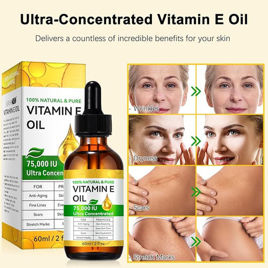 Vitamin E Oil for Skin 75,000 IU Pure Organic Vitamin E Oil for Face, Scars, Skin & Full Body, Body Oil for Dry Skin Nourishing Skin Hydration, Moisturizing Body Oil 100% Natural Hexane Free 2 Fl Oz
