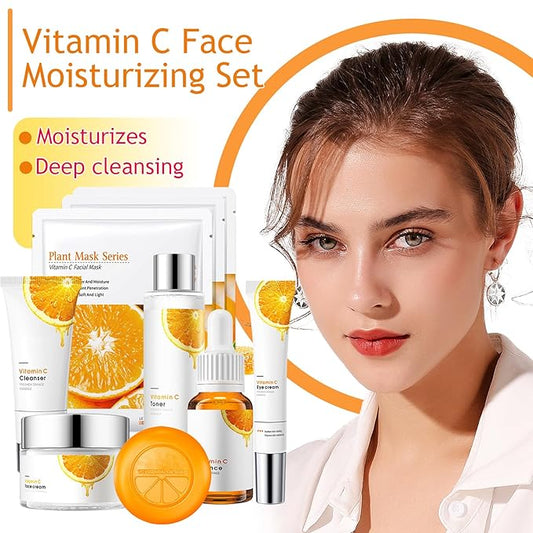 Vitamin C Skincare Set,Hydrating Travel Size Face Wash,Moisturizing Face Toner & Face Serum & Face Cream,Eye Cream Skin Care Gift Set for Women(9PCS)