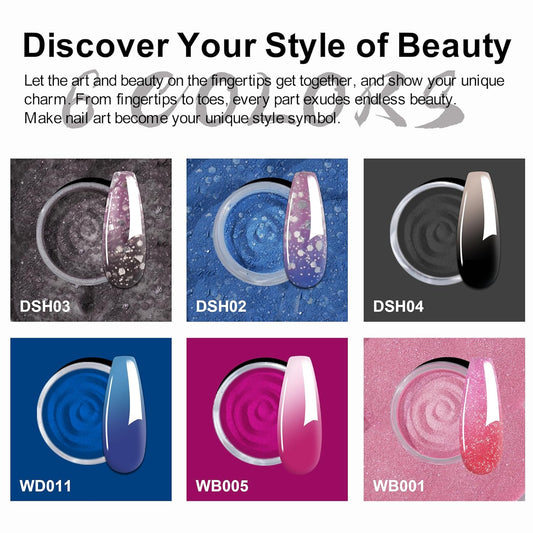 Color Changing Dip Powder Nail Kit Starter, 6 Colors Dipping Powder Kit With Base & Top Coat/Activator/Brush Saver,Glitter Pink Blue Purple Mood Temperature Change, No Needed Nail Lamp Curing