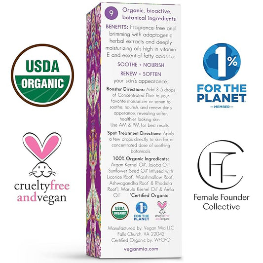 USDA Organic Harmony Adaptogen Elixir Face Oil - Face Moisturizer For Dry Skin, Blemishes, Redness & Fragrance Sensitivities - with Licorice, Ashwagandha, Rhodiola Root & More - 1 fl oz