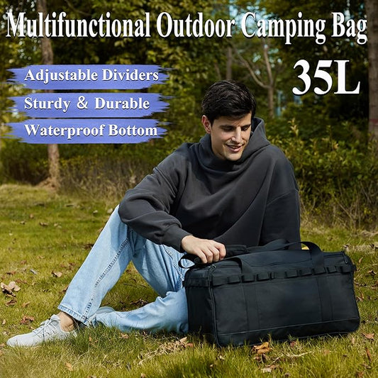 35L Camping Bag,Tactical Duffle Bag with Waterproof Bottom,Shoe Bag for Travel/Outdoor with 3 Adjustable Dividers,Picnic Camping Organizer,Multi-functional Duffel Bag for Camping/Sports/GYM