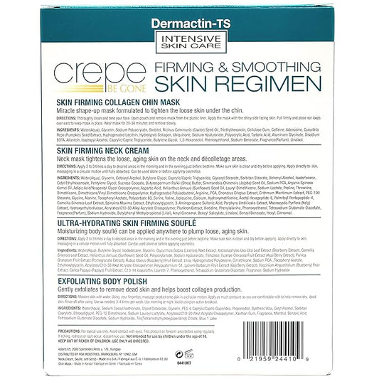 Dermactin-TS Crepe Be Gone Firming & Smoothing Skin Regimen 4-PC Set - Includes Skin Firming Neck Cream, Hydrating Skin Firming Soufle, Exfoliating Body Polish & Collagen Chin Mask