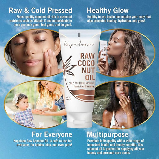 Pure Coconut Oil for Hair, Skin - Raw Extra Virgin Coconut Oil - Pure Unrefined Cold Pressed Oil with MCTs for Body Care or Haircare, Hair Growth, Aceite de Coco Natural, 100ml