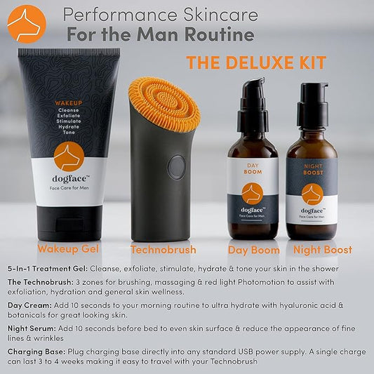 Dogface Deluxe Kit- Men's Red Light Facial Brush, Silicone Bristles Exfoliate & Cleanse, Hyaluronic Acid Moisturizes & Hydrates, Retinol Night Serum- Technobrush, Wakeup Gel, Day Boom & Night Boost