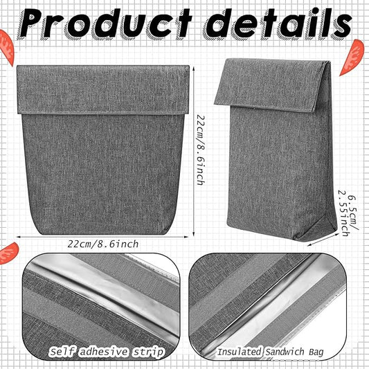 3 Pcs Insulated Sandwich Bag Reusable Snack Bags Washable Insulated Pouch Small Thermal Bag Reusable Lunch Bags for Work, Picnics, Travel, Office, Back to School(Light Gray)