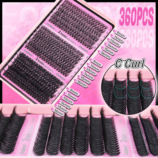 Focipeysa Fluffy 360pcs Lash Clusters 30P+40P+50P DIY Lash Extension Volume Thick Clusters Lashes D Curl Eyelash Extension 9-16mm Individual Lash for Self Application at Home