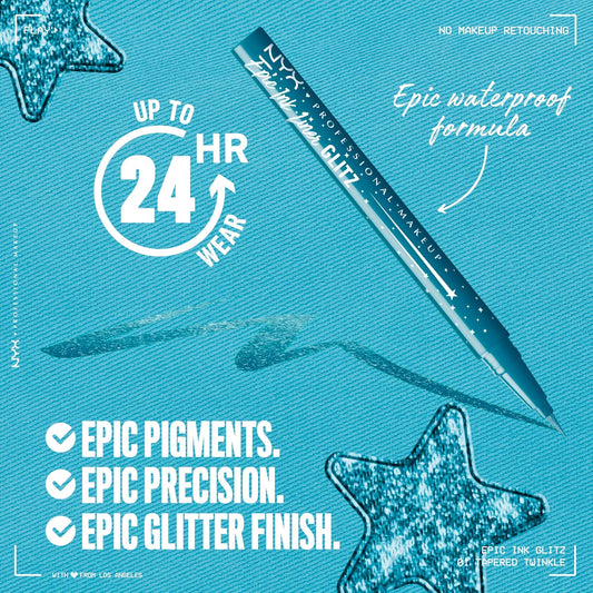 NYX PROFESSIONAL MAKEUP Epic Ink Glitz Liner, Waterproof Metallic Liquid Eyeliner with Vegan Formula - Tapered Twinkle (Shimmer Teal Blue)