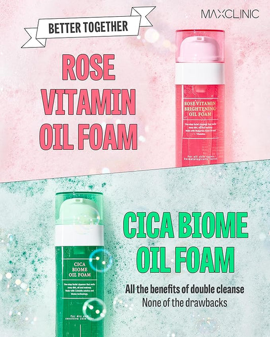 K-Beauty Rose Vitamin + Cica Biome Foam Gift Set | Daily Face Wash - Oil Based Cleanser to Foam | Korean Skin Care for Dry Sensitive Skin | Face Cleanser Bundle