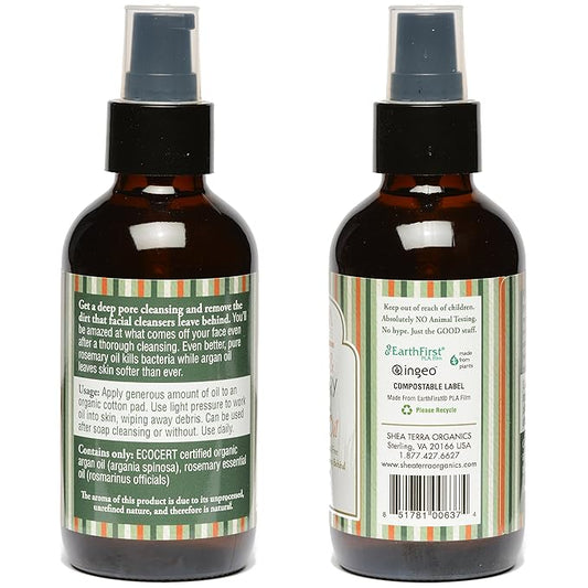 Shea Terra Face and Body Cleanser| Argan & Rosemary Facial Cleansing Oil| Non Toxic All Natural Oil that Cleanse Away Dirt & Debris from Pores for Blemish Free, Soft & Even-toned Skin – 4oz