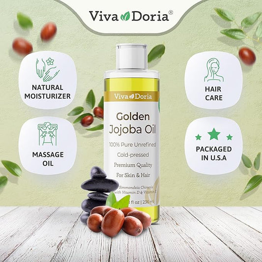 Viva Doria Golden Jojoba Oil - 8 fl oz for Hair, Skin, Nails, and More - 100% Pure Unrefined, Deeply Moisturizing Anti-Aging Oil for Men and Women