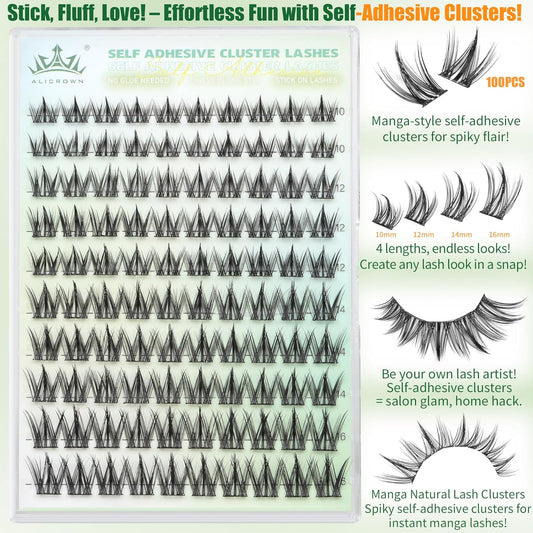 Self Adhesive Eyelashes Manga Lash Clusters 10MM-16MM No Glue Needed Eyelash Clusters Wispy Self Adhesive Lash Extensions Spiky Pre Glued Eyelash Extensions 100Pcs