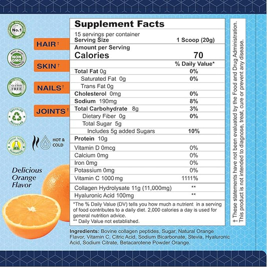 ALFA VITAMINS CollagenC Hydrolysate Peptides Powder Supplement with 1,000mg Vitamin C - Premium Quality Source of Nutrients - Skin, Hair, Nails, Immune Boost & Joints Support - Orange Flavor -11 OZ