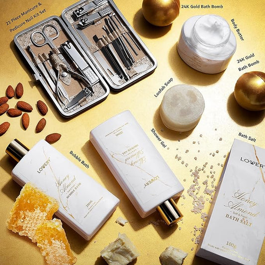 Mothers Day Gifts for Mom, Gift Basket, Spa Gifts For Women, 31Pc Self Care Kit, Stress Relief Gift, Birthday, Thank You, Honey Almond Bath and Body Gift - Toiletry Bag, Nail Kit, Bath Bombs & More