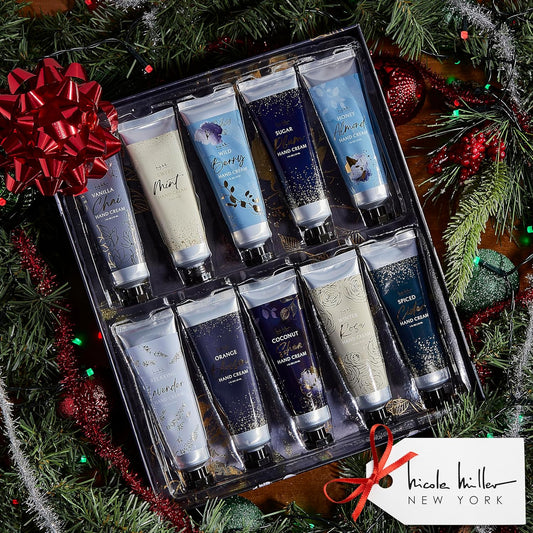 Nicole Miller New York 10-Piece Festive Fragrance Hand Cream Collection - 30ml Each Bottle, Ultra Hydrating Luxury for Your Hands, Navy Floral