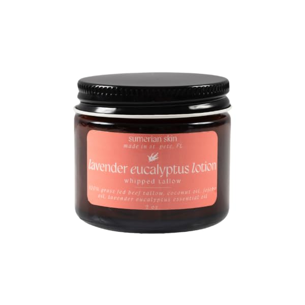 100% Grass Fed & Organic Whipped Beef Tallow Lotion - All Natural - Body + Face Mosturizer for All Skin Types (2 Ounce, Lavender Eucalyptus)