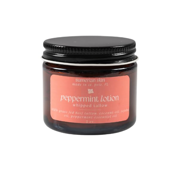 100% Grass Fed & Organic Whipped Beef Tallow Lotion - All Natural - Body + Face Mosturizer for All Skin Types (2 Ounce, Peppermint)