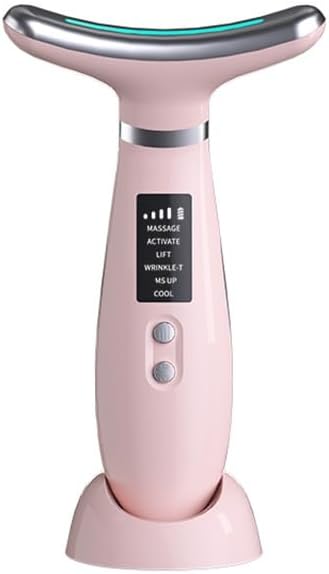 Facial Massager -7 Color Red-Light-Therapy for Face and Neck for Wrinkles, Double Chin, Vibrating Facial Massager with Thermals (Pink)