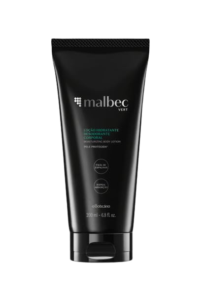 Malbec Vert Moisturizing Body Lotion for Men by O Boticário, Scented Moisturizer Non-Greasy Hydrating Cream for Dry Skin, 6.8 Ounce