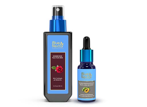 Blue Nectar Dark Circles Under Eye Serum with Plant Based Niacinamide from Potato (1Fl Oz) Paired with Natural Rose Face Toner for Glowing Skin & Pore Tightening(3.38Fl Oz)
