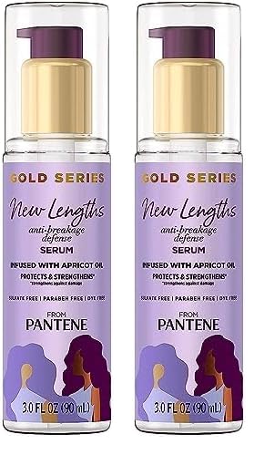 Pantene Gold Series New Lengths Anti-Breakage Defense Serum, Infused with Apricot Oil, Protects & Strengthens, for Natural, Textured, Curly, Coily Hair, Sulfate Free, 3 Fl Oz (Pack of 2)