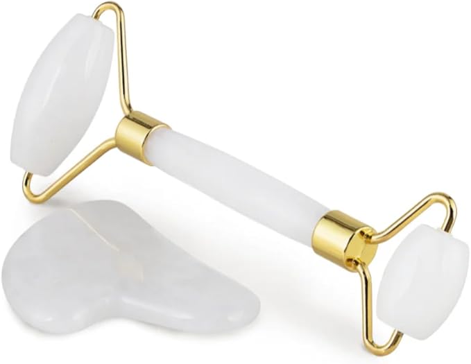 Gua Sha and Jade Roller Set for Facial Massage – Skin Care Tools to Reduce Puffiness and Redness, Perfect Self-Care Gift for Men and Women (White)