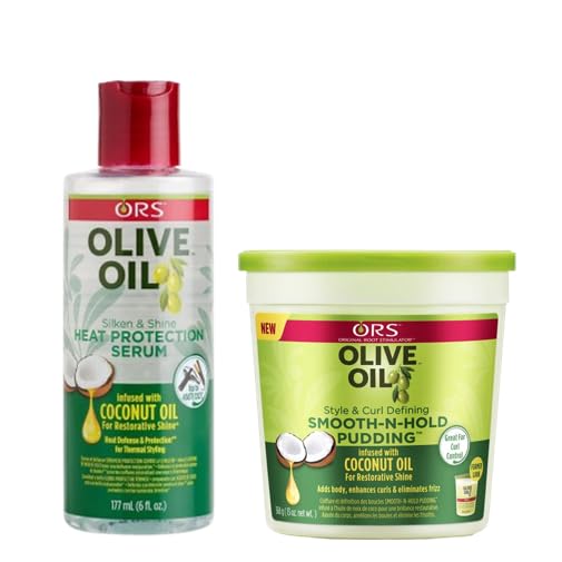 ORS Heat Protection Hair Serum infused with Coconut Oil for Restorative Shine Olive Oil Style and Curl Smooth-N-Hold Pudding - Bundle