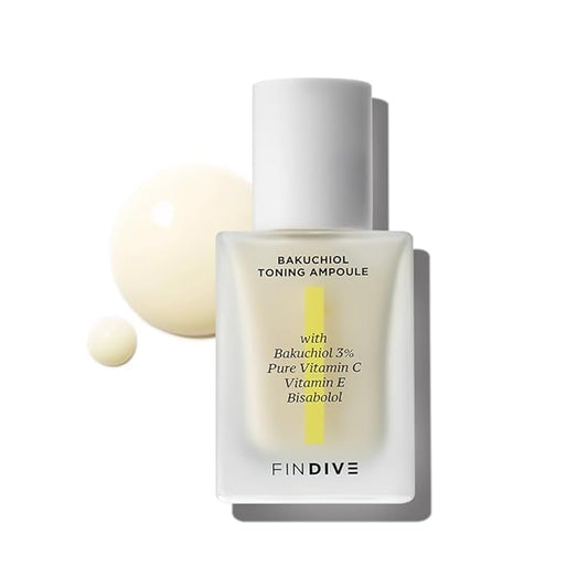 [FINDIVE OFFICIAL] Bakuchiol Toning Ampoule, 3% Bakuchiol, Plan-Based Retinal Alternative, Pure Vitamin C, Pure Vitamin E, Bisabolol, Brightning, Anti Wrinkle Serum, 1.01fl.oz