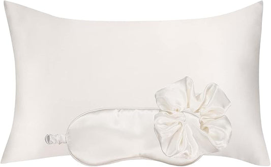Vegan Silk Sleep Set, Silky Pillowcase with Large Scrunchie and Eye Mask for Hair and Skin, Self Care Essential Satin Night Routine Kit (Cream Color)