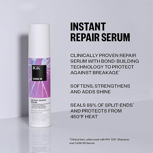 IGK Cash In Instant Repair Hair Serum | Reduce Breakage + Increase Strength | Silicone-Free | 1.7 oz (Pack of 2)