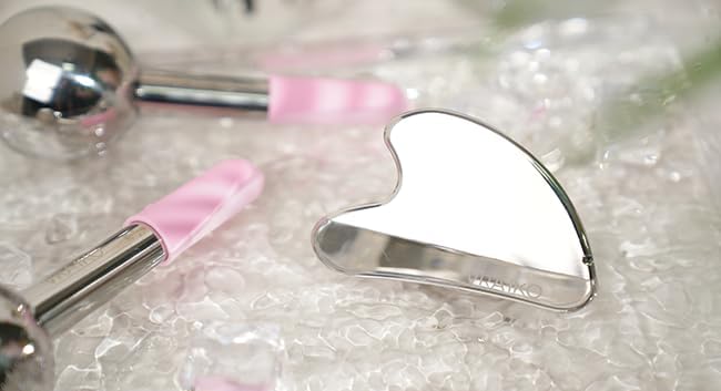 ICE Globes for Facials & Gua Sha Set, Gua Sha Facial Tools and Cryo Sticks with Unbreakable Steel, Face Massager Cooling Rollers for Dark Circles, Puffiness and Lymphatic Drainage (Pink)