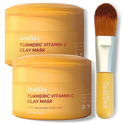 ZealSea Vitamin C American Kaolin Clay Mask with Turmeric, Pro Ultra-Fine Creamy Texture, Deep Pore Cleansing Even Skin Tone Brighten Control Oil Detoxify, 30% Aloe, Jojoba Oil, Shea Butter & Squalane