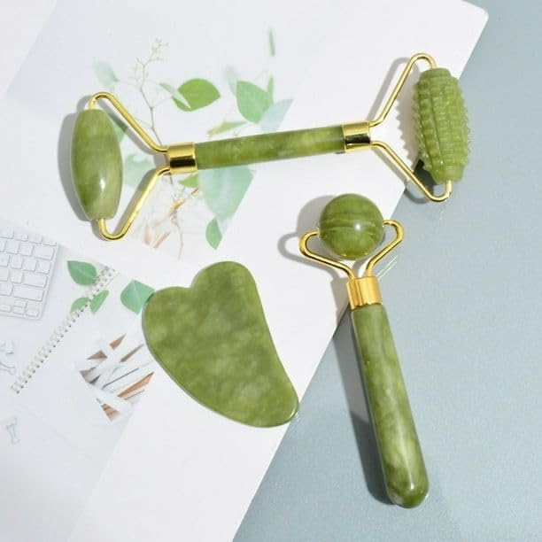 Three-Piece Facial Skincare Products - Unique Double-Sided & Textured Jade Roller, Precision Globular Roller, & Gua Sha Scraper - Reduce Puffiness - Face Roller and Gua Sha Set, Green