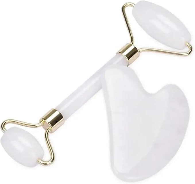 Gua Sha and Jade Roller Set for Facial Massage – Skin Care Tools to Reduce Puffiness and Redness, Perfect Self-Care Gift for Men and Women (White)